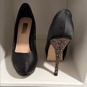 Steve Madden Black Satin Heels with Gold Rhinestones
